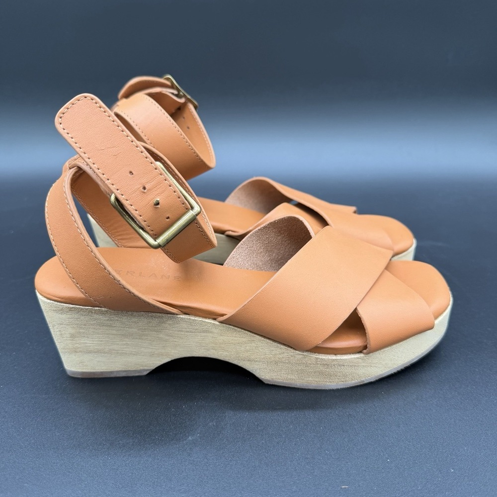 Everlane Clog Sandals Size 5 Brown Leather Crisscross Wood Platform Square Toe